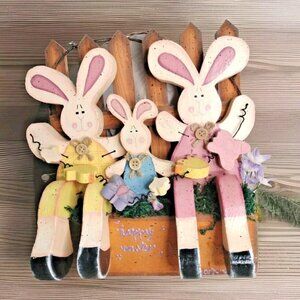 Hand crafted wooden Easter bunnies Family Sitting On Bench Decor 10"X10x10x5"